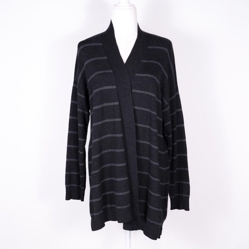 Eileen Fisher Stretch Striped Black Long Sleeve Open Cardigan Sweater - SZ S